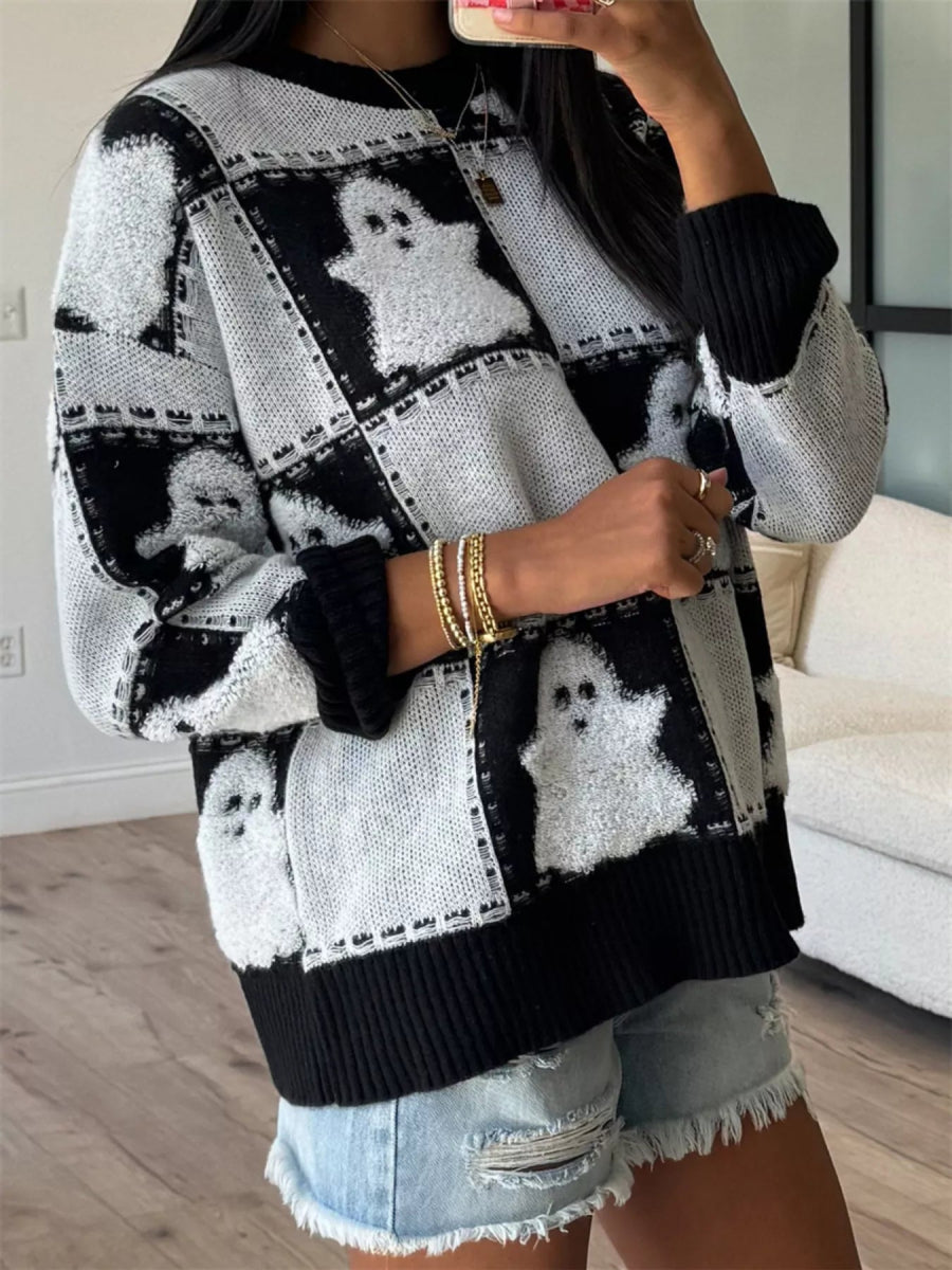 Halloween Ghost Checkered Drop Shoulder Sweater - CELIVINE