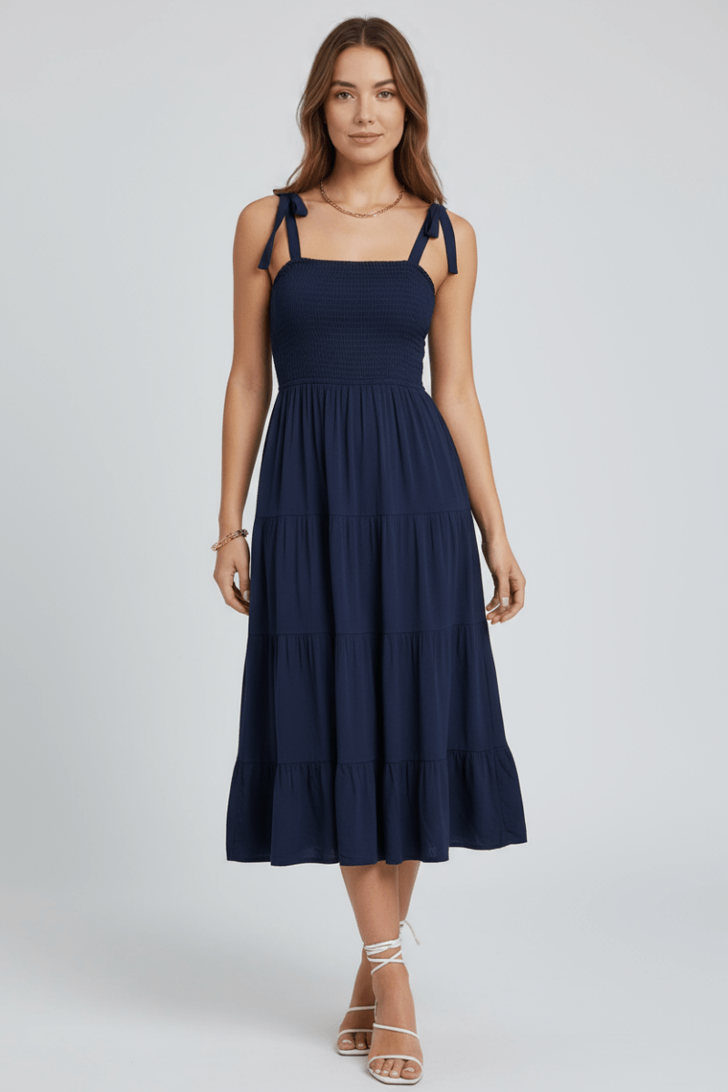 Perfee Tie - Shoulder Tiered Midi Dress - CELIVINE