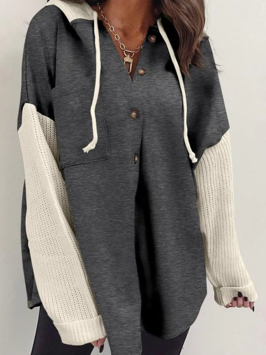 Drawstring Button Front Hoodie - CELIVINE