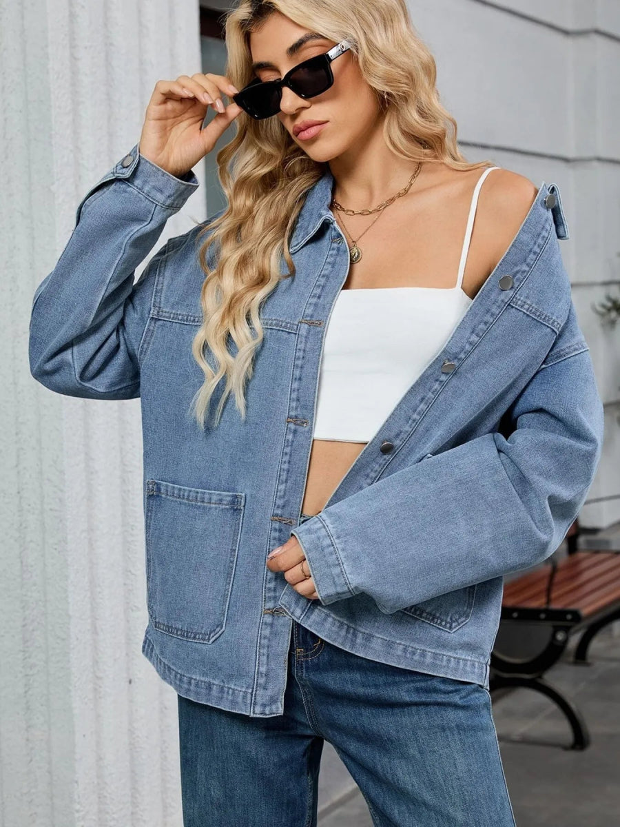 Washed Oversized Button Down Denim Jacket - CELIVINE