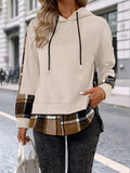 Plaid Drawstring Long Sleeve Hoodie - CELIVINE