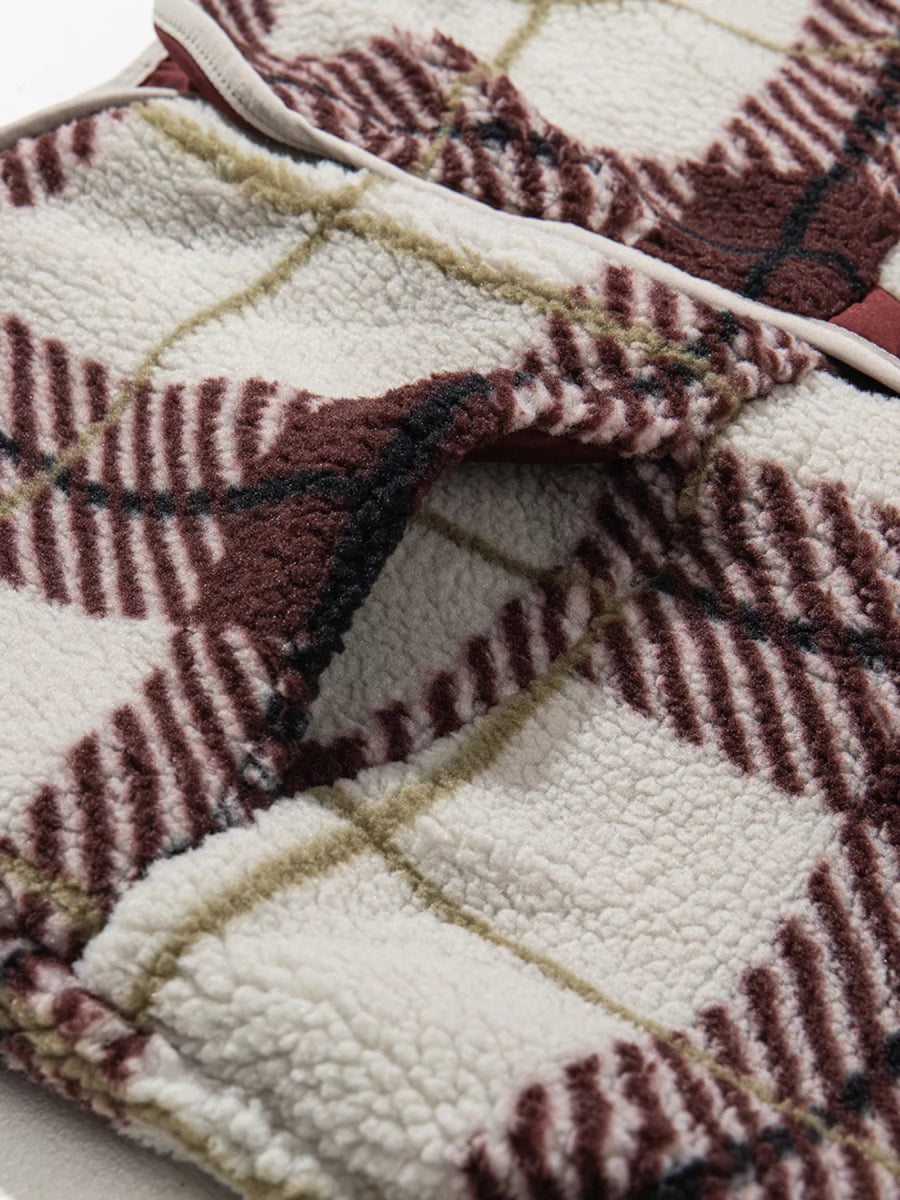 Plaid Buttoned Stand Collar Fleece Jacket - CELIVINE