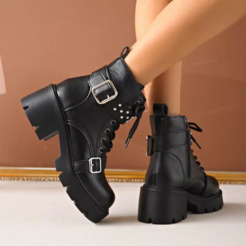 Round Toe Block Heels Boots - CELIVINE