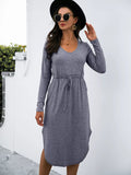 Drawstring Waist Long Sleeve Casual Dress - CELIVINE