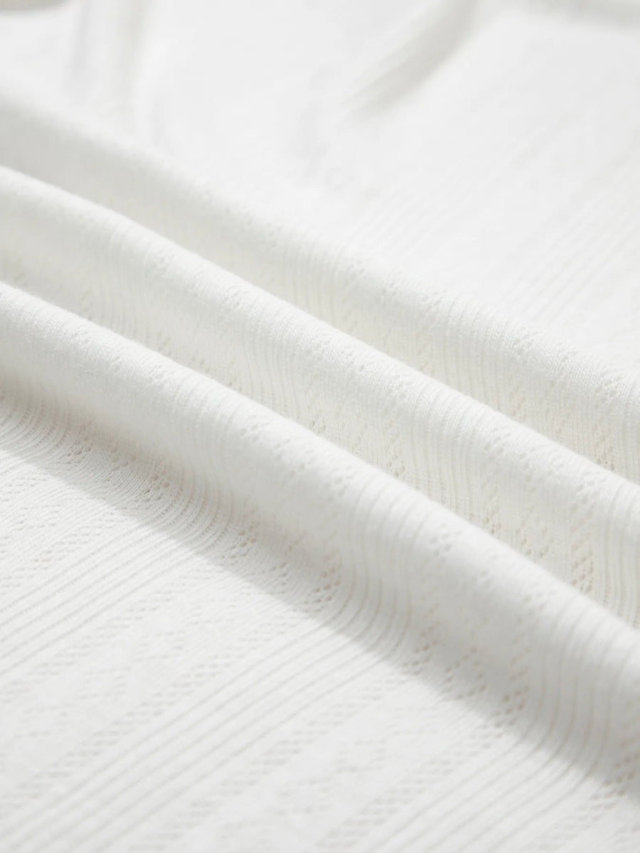 Scalloped Lace Trim Jacquard Textured T Shirt - CELIVINE