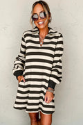 Contrast Striped Johnny Collar Long Sleeve Mini Dress - CELIVINE