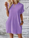Pocketed Round Neck Short Sleeve Dress - CELIVINE
