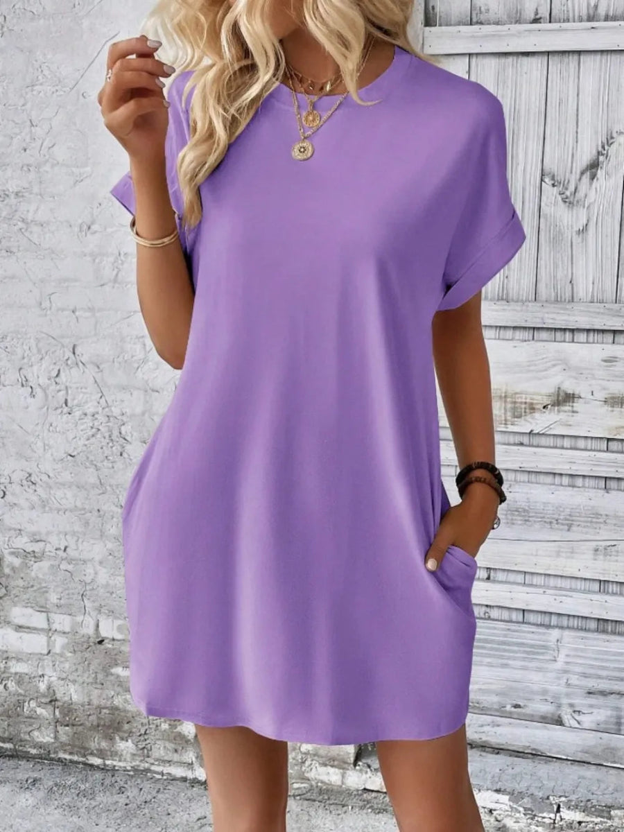 Pocketed Round Neck Short Sleeve Dress - CELIVINE