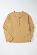 Waffle - Knit Half Button Round Neck Long Sleeve Top - CELIVINE
