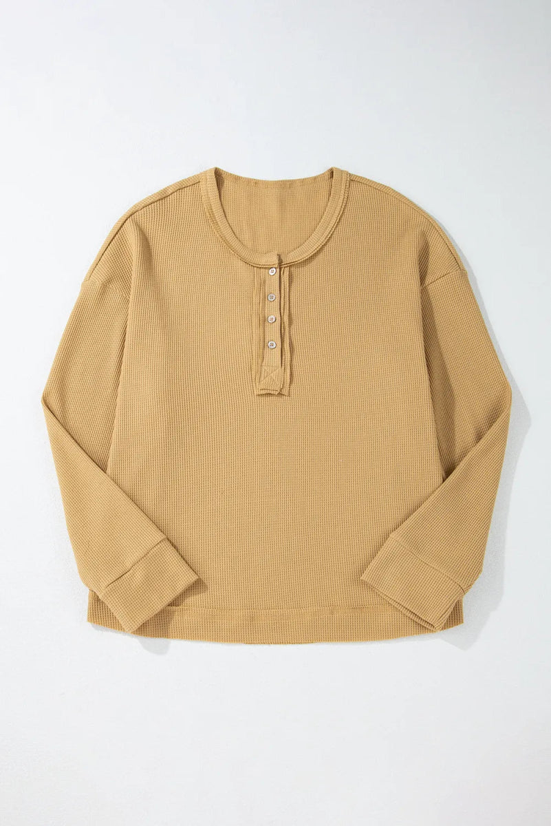 Waffle - Knit Half Button Round Neck Long Sleeve Top - CELIVINE