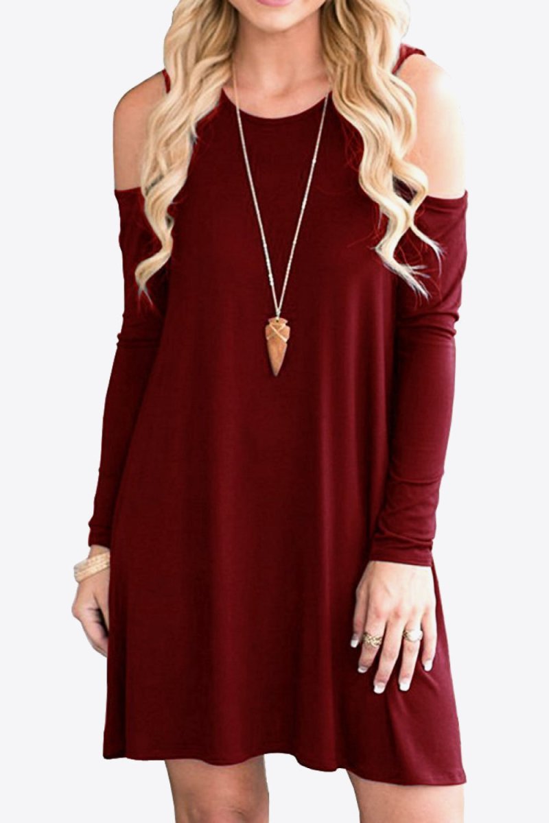 Cold - Shoulder Long Sleeve Round Neck Dress - CELIVINE