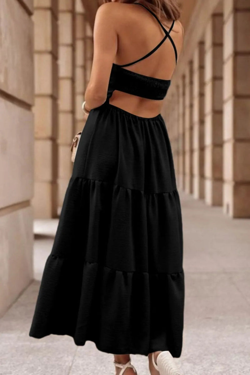 Tiered Crisscross Spaghetti Strap Dress - CELIVINE