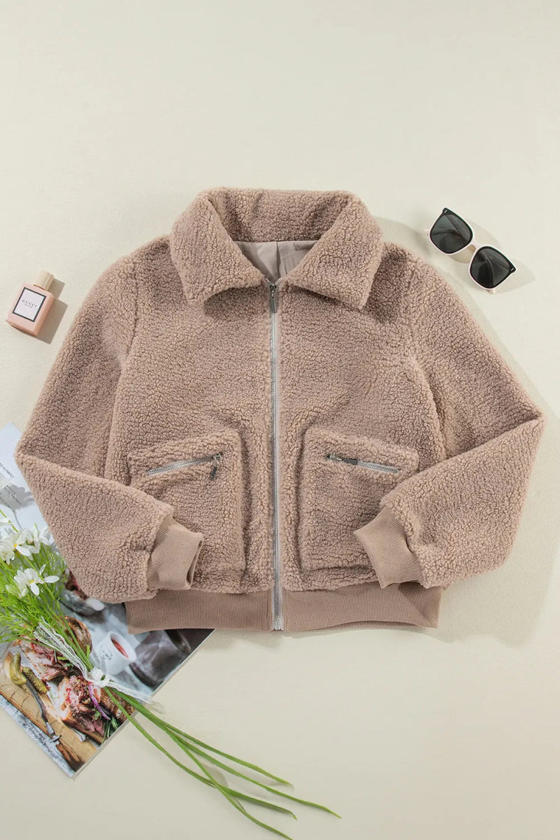 Zip Up Long Sleeve Plush Jacket - CELIVINE