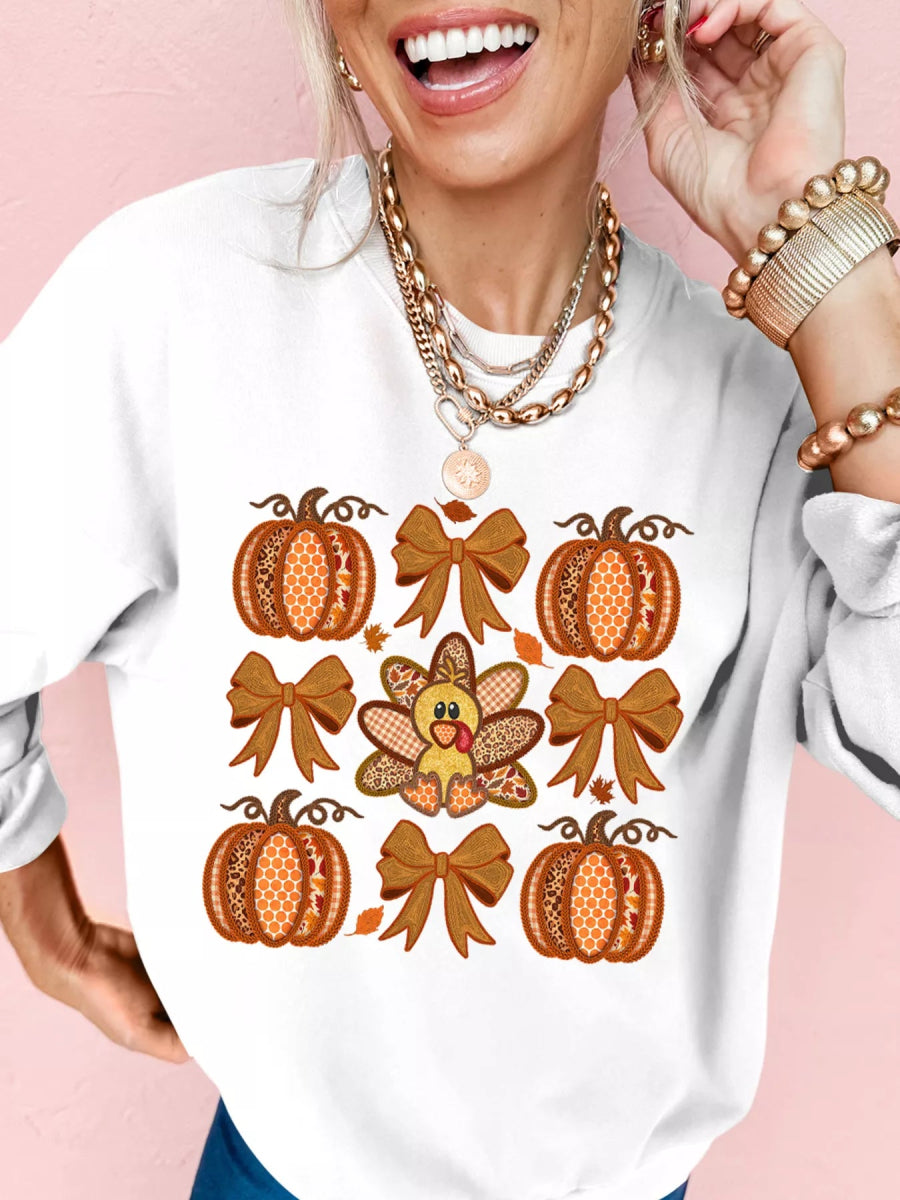 Halloween Pumpkin Bow Graphic Drop Shoulder Sweatshirt - CELIVINE