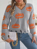 Halloween Pumpkin Pattern Raw Hem V - Neck Sweater - CELIVINE