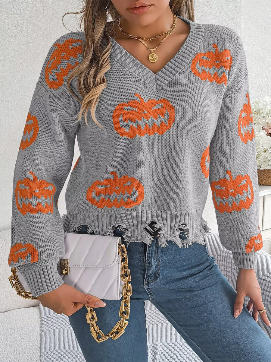 Halloween Pumpkin Pattern Raw Hem V - Neck Sweater - CELIVINE
