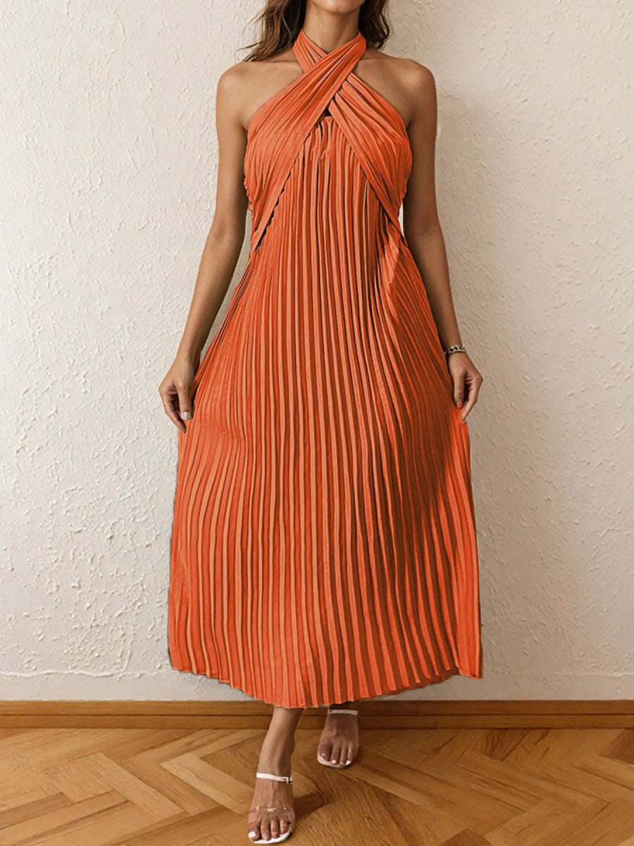 Pleated Halter Neck Midi Dress - CELIVINE