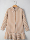 Stripe Ruffled Hem Collared Long Sleeve Shirt Mini Dress - CELIVINE