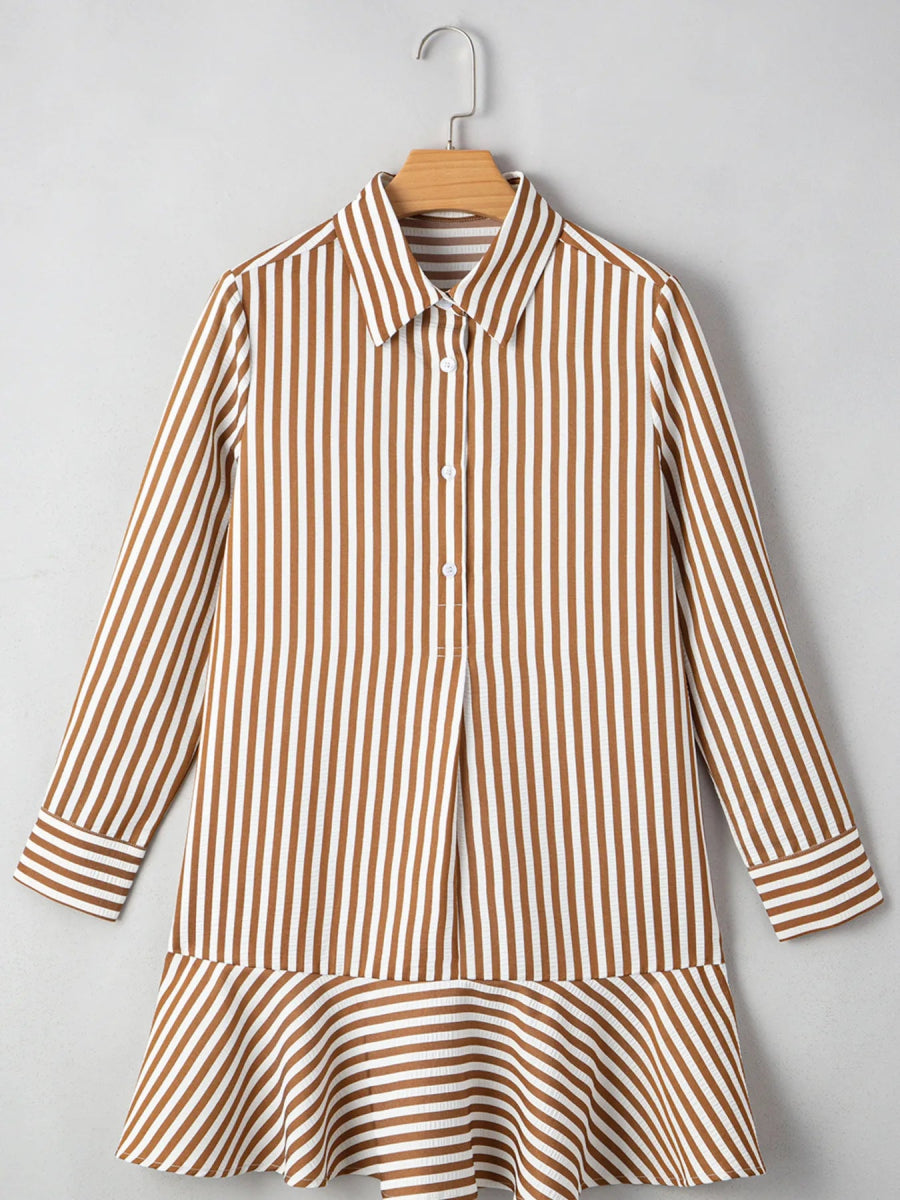 Stripe Ruffled Hem Collared Long Sleeve Shirt Mini Dress - CELIVINE
