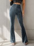High - Waisted Ribbed Velvet Flare Pants - CELIVINE