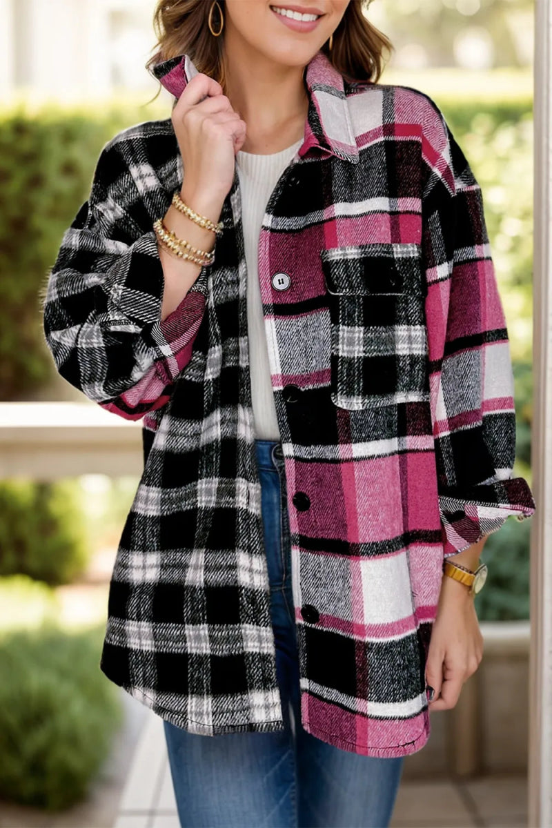 Pocketed Plaid Collared Neck Long Sleeve Shacket - CELIVINE