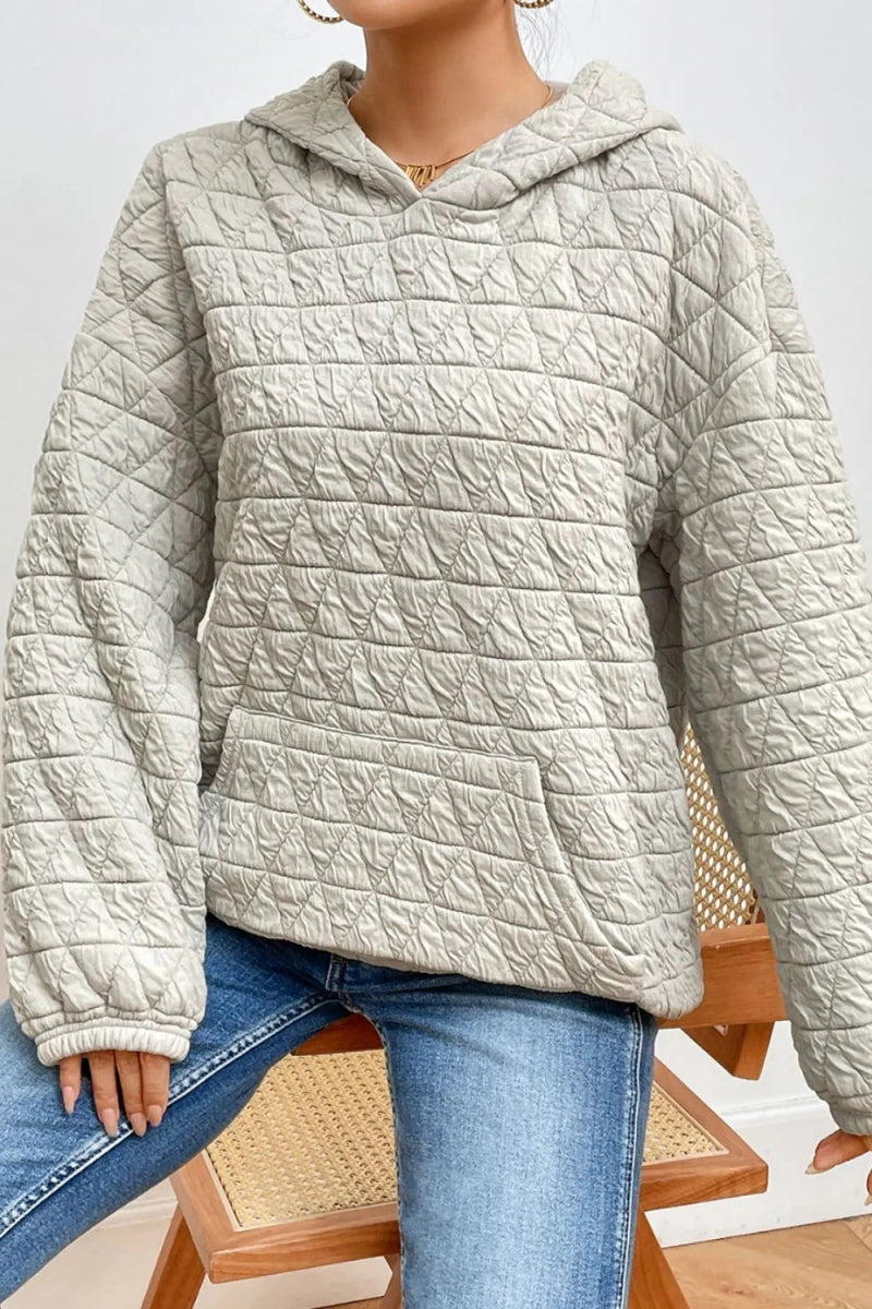 Quilted Long Sleeve Hoodie with Pocket - CELIVINE