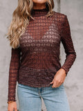 Sheer Mesh Patterned Lettuce Trim Slim Long Sleeve Top - CELIVINE