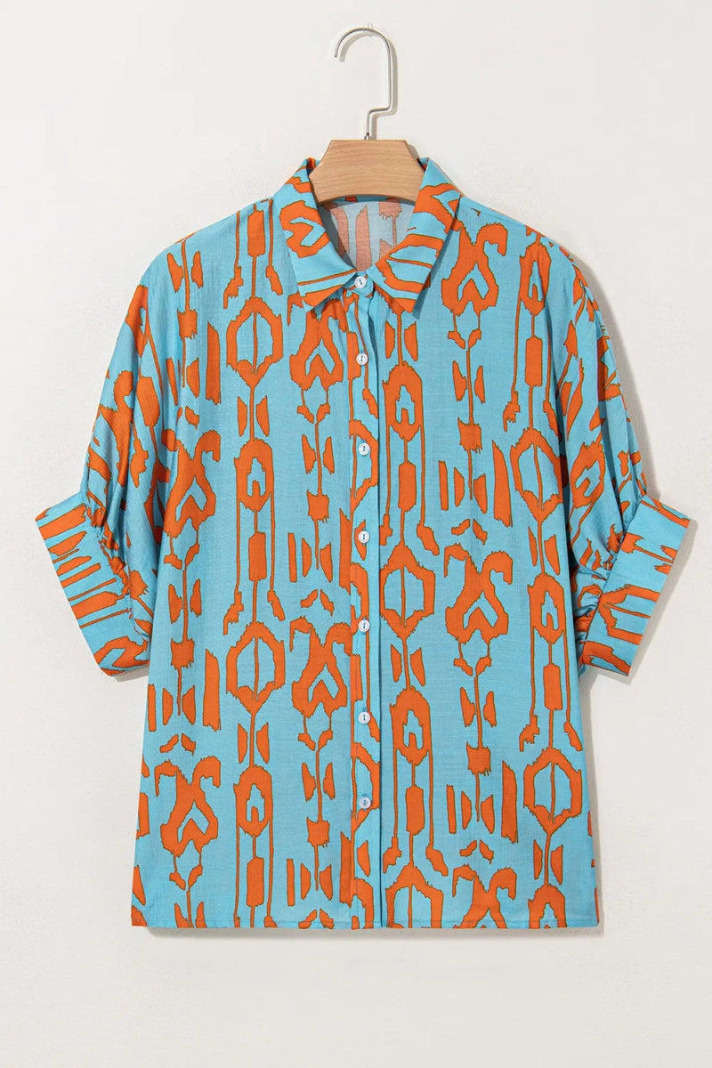 Abstract Print Dolman Short Sleeve Western Loose Shirt - CELIVINE