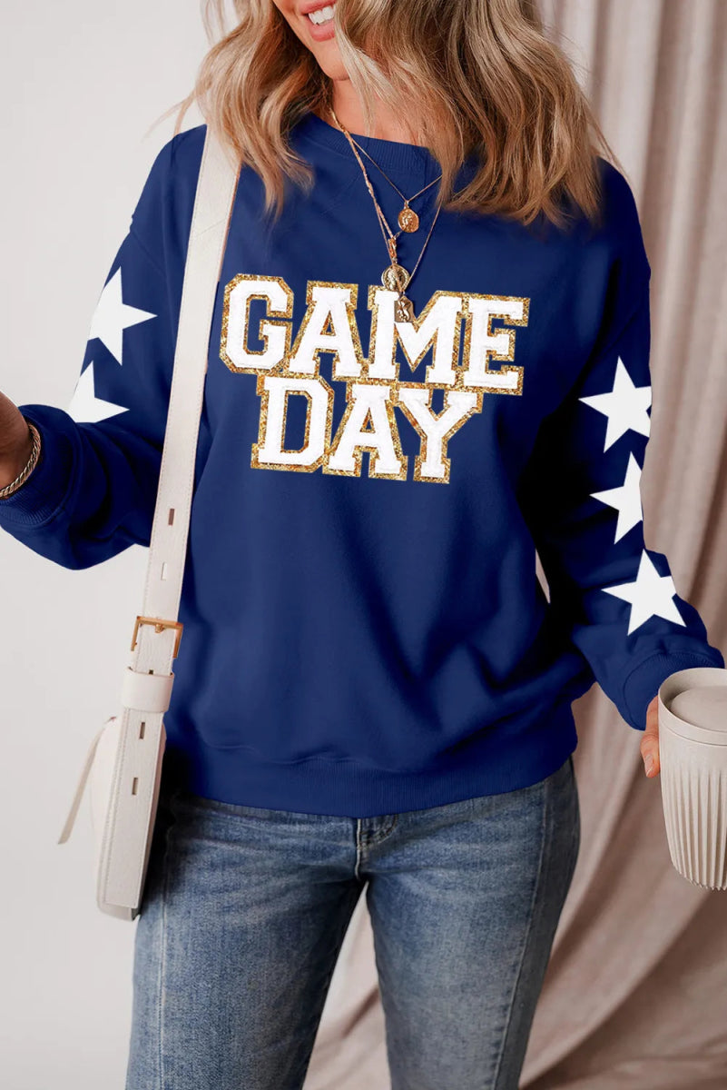 GAME DAY Star Round Neck Long Sleeve Sweatshirt - CELIVINE