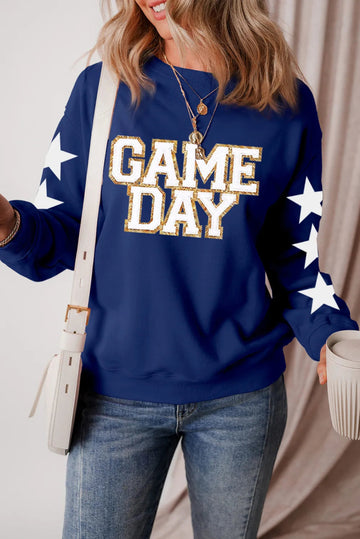 GAME DAY Star Round Neck Long Sleeve Sweatshirt - CELIVINE