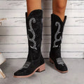 Embroidered Round Toe Block Heels Boots - CELIVINE