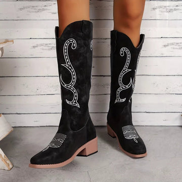 Embroidered Round Toe Block Heels Boots - CELIVINE