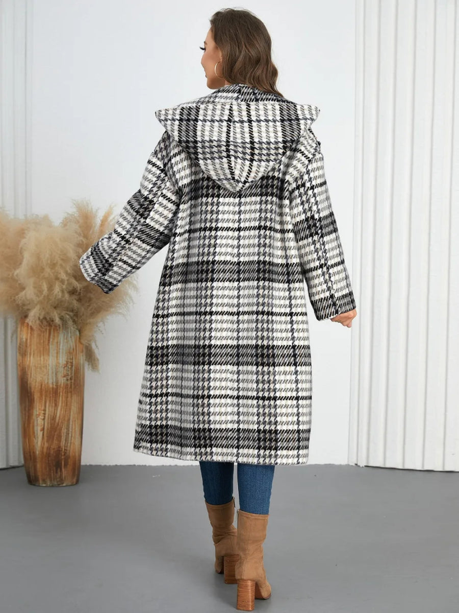 Plaid Double - Breasted Long Sleeve Longline Coat - CELIVINE