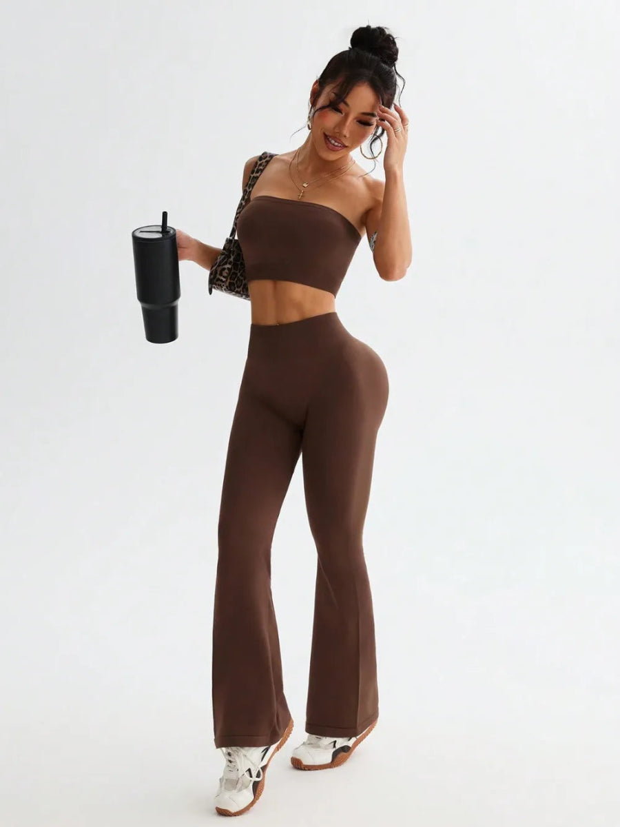 Tube Top and High Waist Flare Pants Active Set - CELIVINE