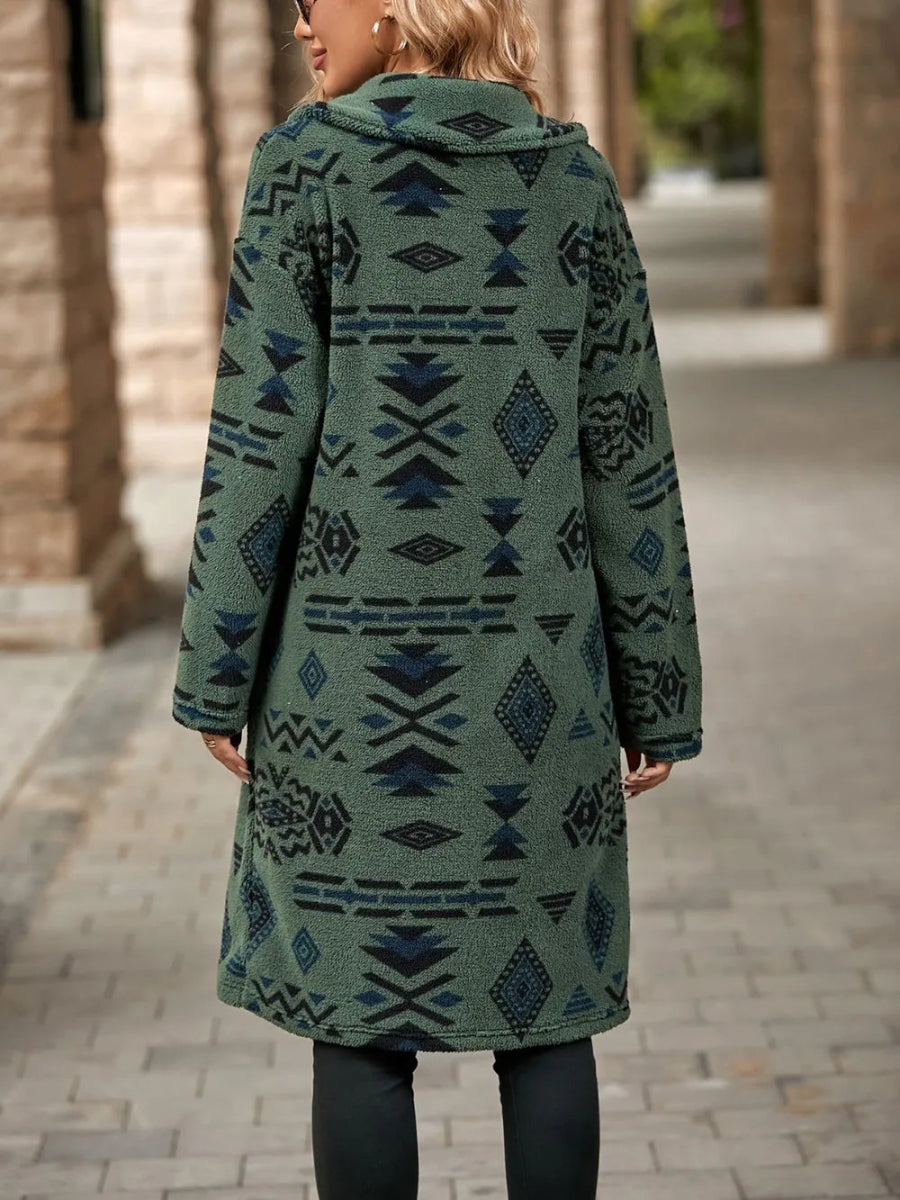 Geometric Pocketed Dropped Shoulder Coat - CELIVINE