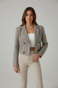 Plaid Lapel Collar Cropped Blazer - CELIVINE