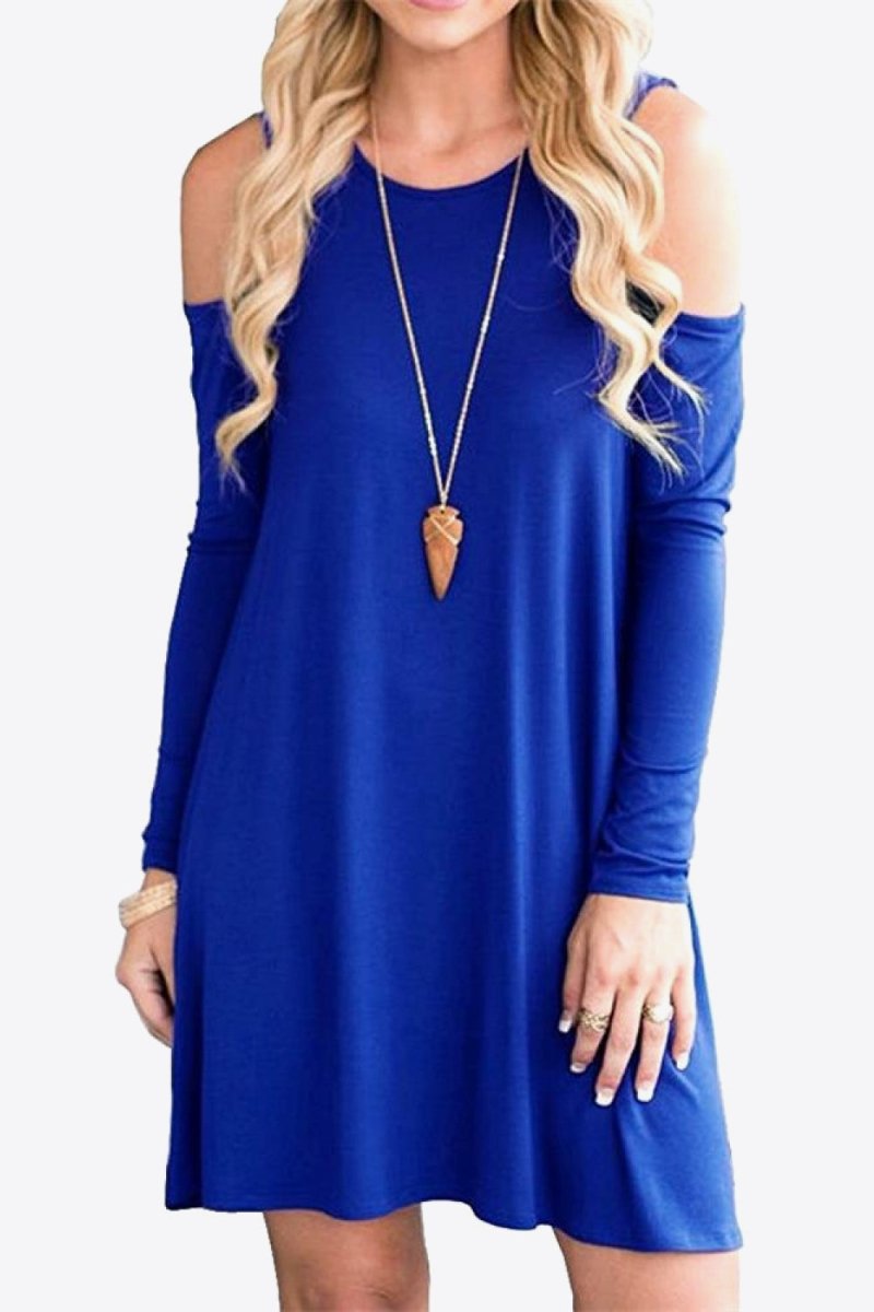 Cold - Shoulder Long Sleeve Round Neck Dress - CELIVINE