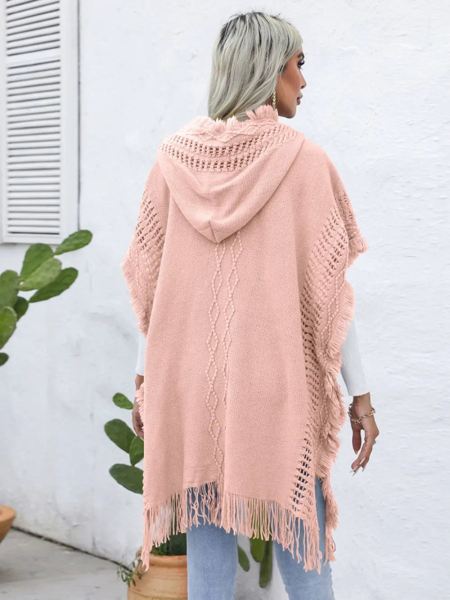 Fringe Trim Buttoned Hooded Poncho - CELIVINE