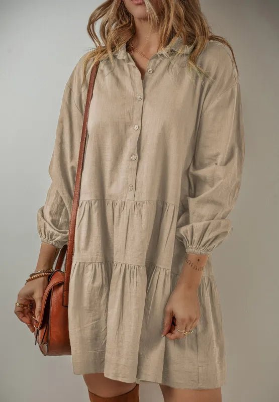 Tiered Collared Neck Balloon Sleeve Shirt Dress - CELIVINE