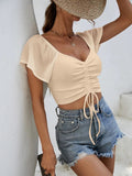 Drawstring Short Sleeve Crop Top - CELIVINE