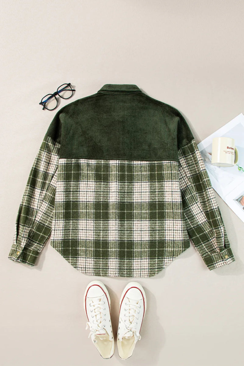 Snap Down Collared Neck Plaid Shacket - CELIVINE