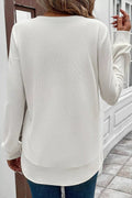 Rounded Neck Waffle Long Sleeve Top - CELIVINE