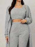 Fuzzy Tank Long Sleeve Cardigan and Pants 3 - Piece Lounge Set - CELIVINE