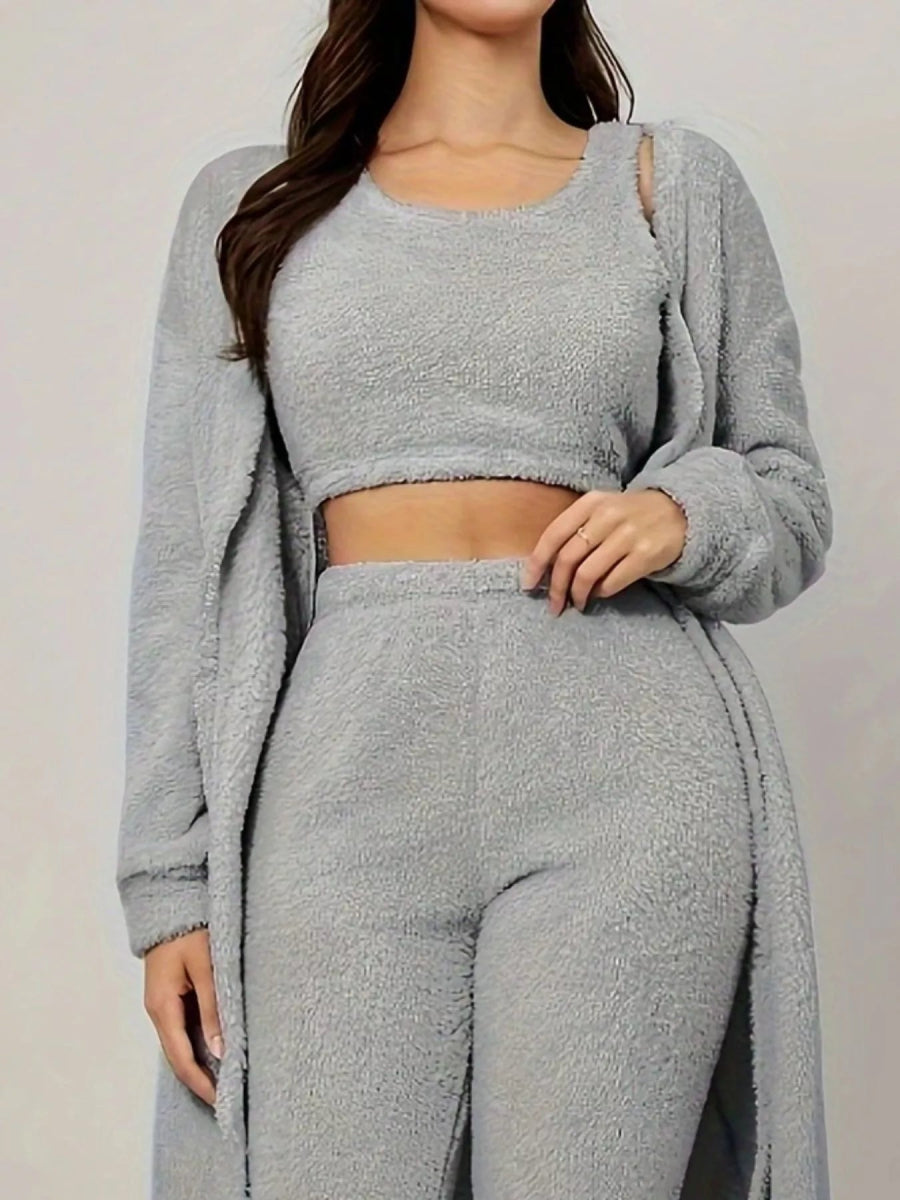 Fuzzy Tank Long Sleeve Cardigan and Pants 3 - Piece Lounge Set - CELIVINE