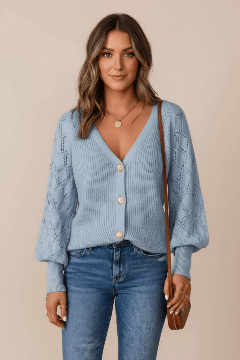 Openwork V - Neck Button Up Cardigan - CELIVINE