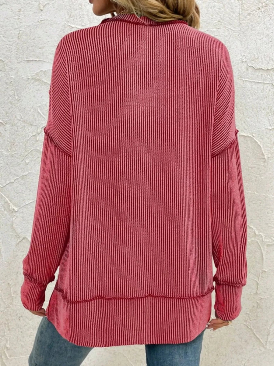 Side Slit Round Neck Dropped Shoulder Sweatshirt - CELIVINE