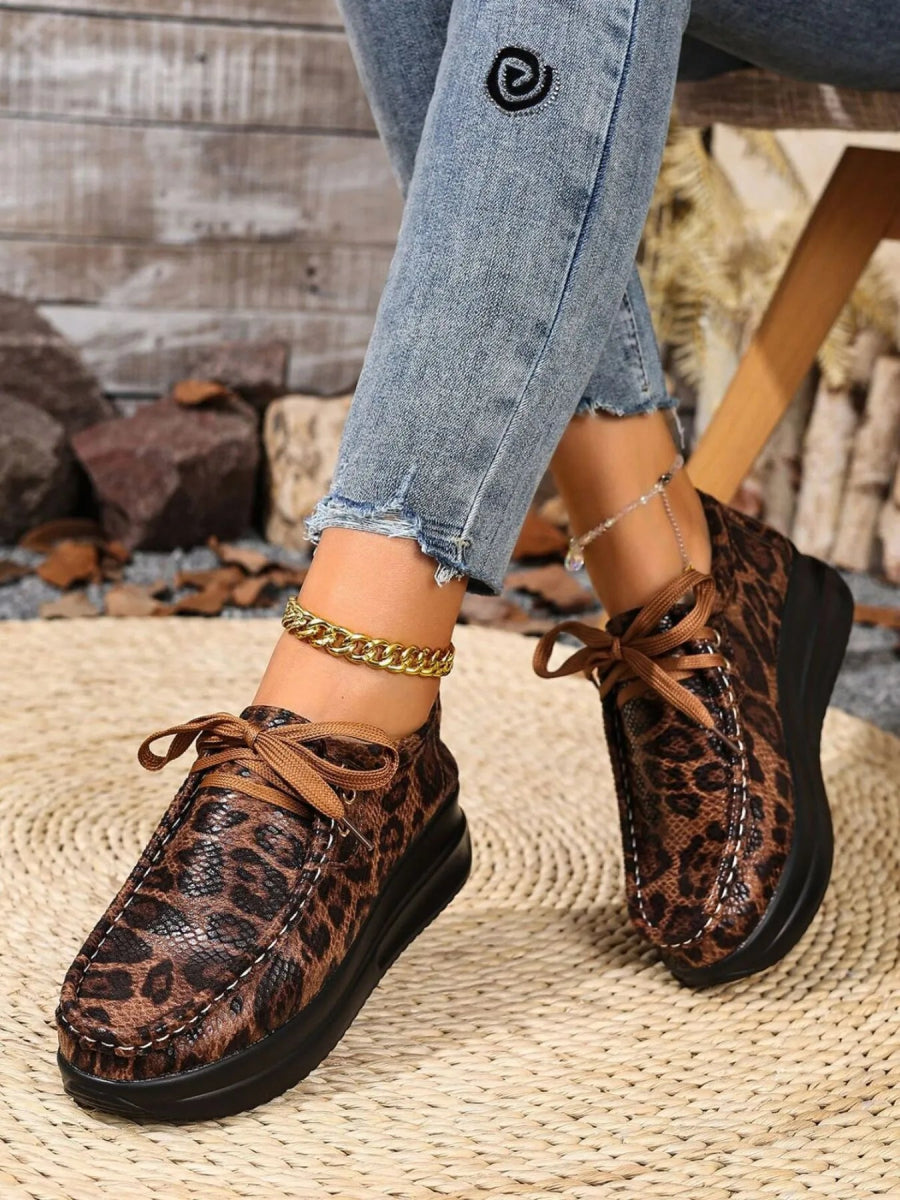 Leopard Round Toe Platform Loafers - CELIVINE