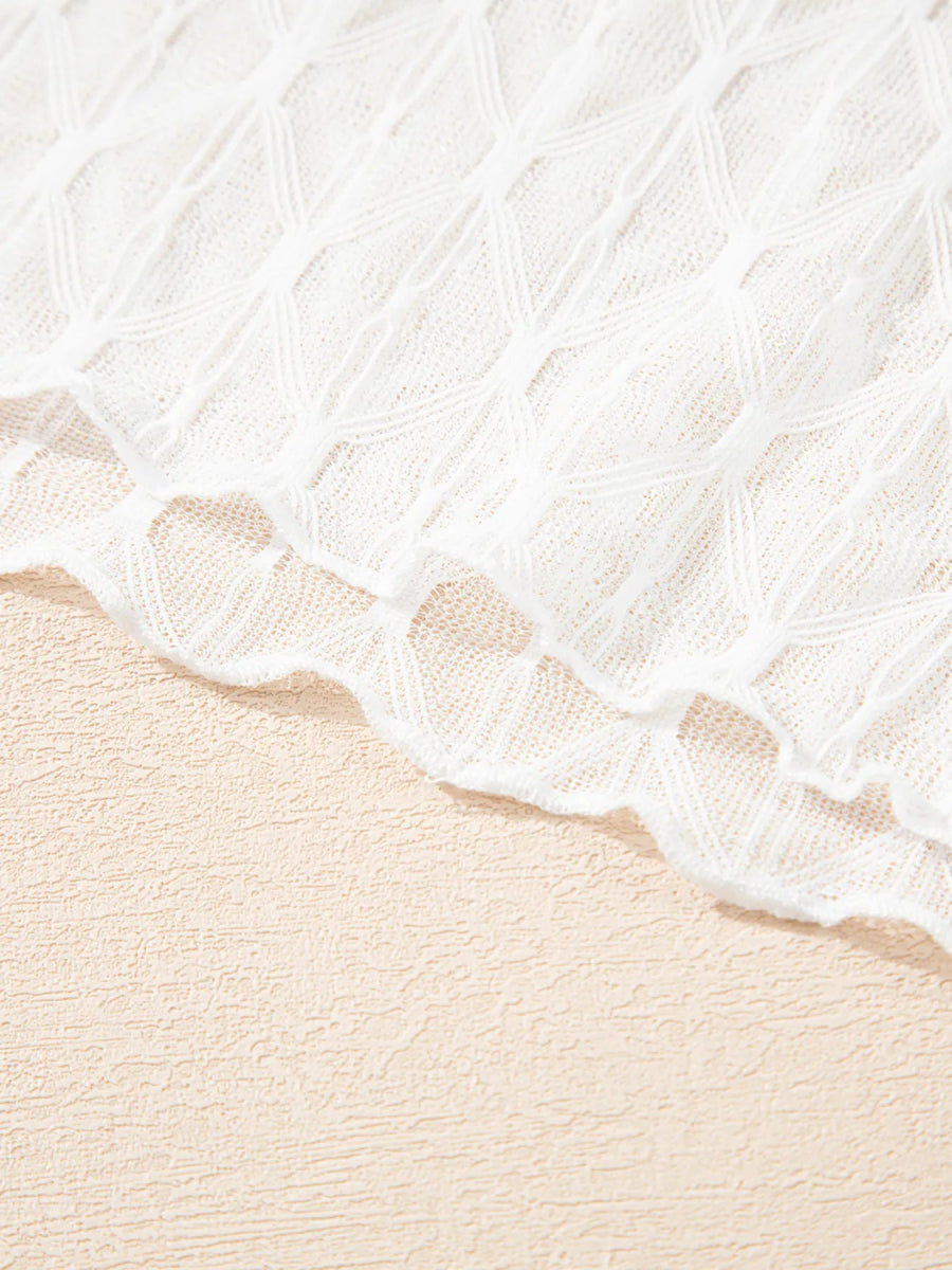 Sheer Mesh Patterned Lettuce Trim Slim Long Sleeve Top - CELIVINE