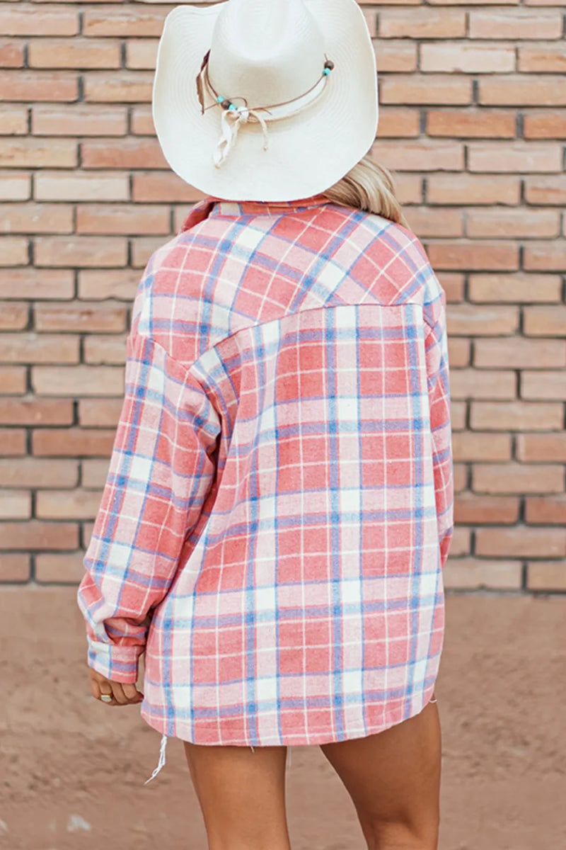 Plaid Button Up Long Sleeve Shacket - CELIVINE