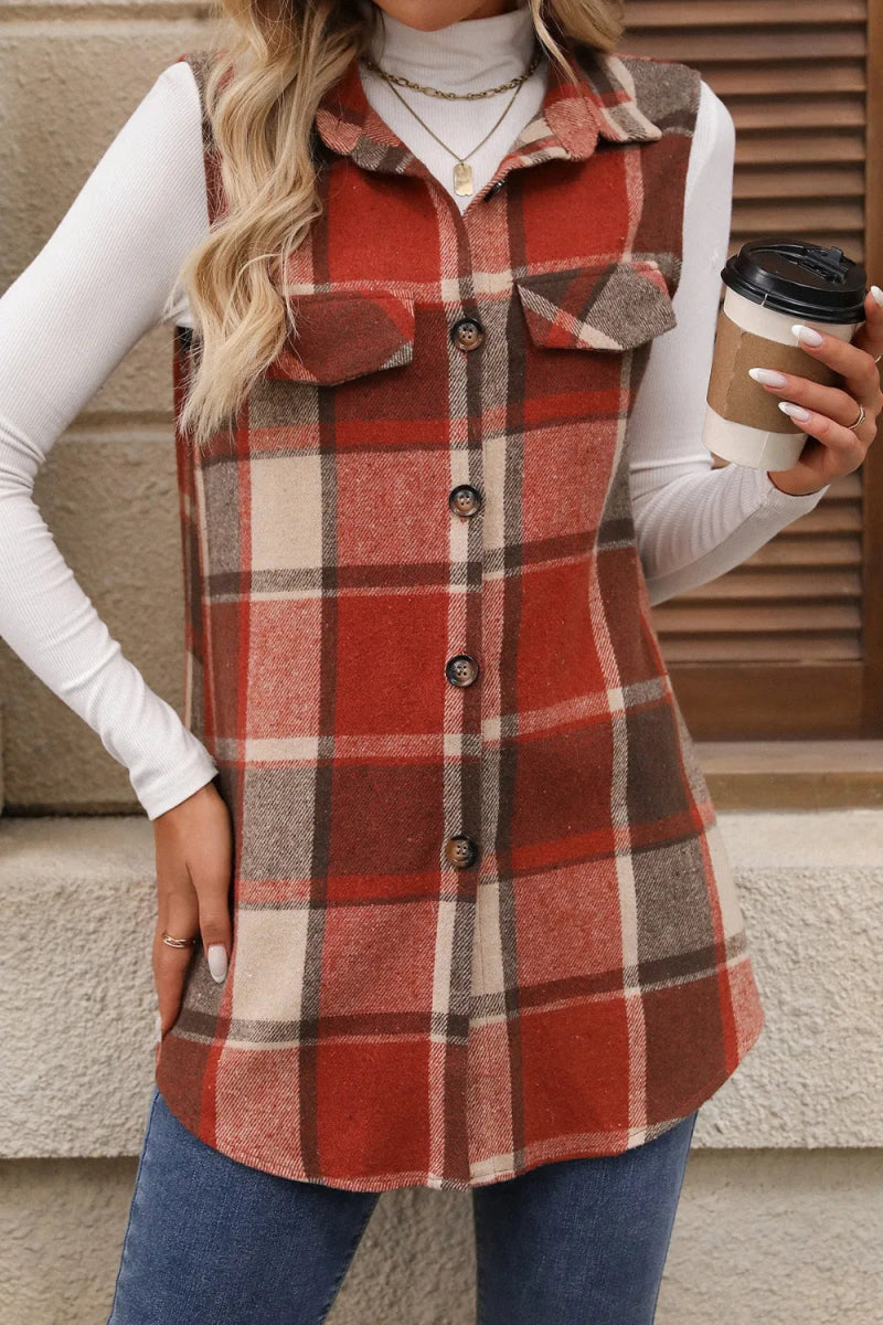 Plaid Button Up Vest Coat - CELIVINE